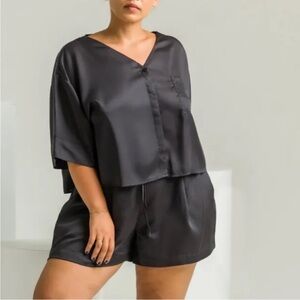 Ettitude Black Sateen 100% Bamboo Sleep Short Sleeve Button Up Top Size L/XL